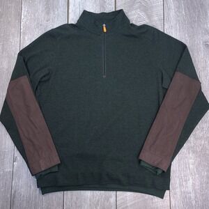 F&G Tech Quarter Zip Pullover Mens Large Green Herringbone Elbow Patches